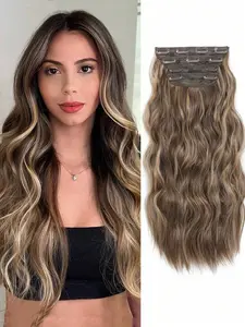 Clip In Long Wavy Synthetic Hair Extension 20 Inch 4PCS Light Brown Highlights Hair Extension Long Wavy Full Head Clip In Hair Extension Synthetic Fiber Hair Pieces For Women