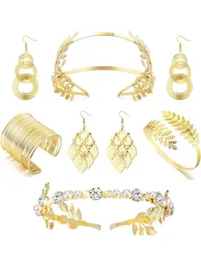 6 Pcs Greek Goddess Costume Accessories Set for Women Golden Laurel Leaf Crown Headband Leaf Dangle Earring Coil Upper Armband Bracelet Toga Costume Jewelry Set