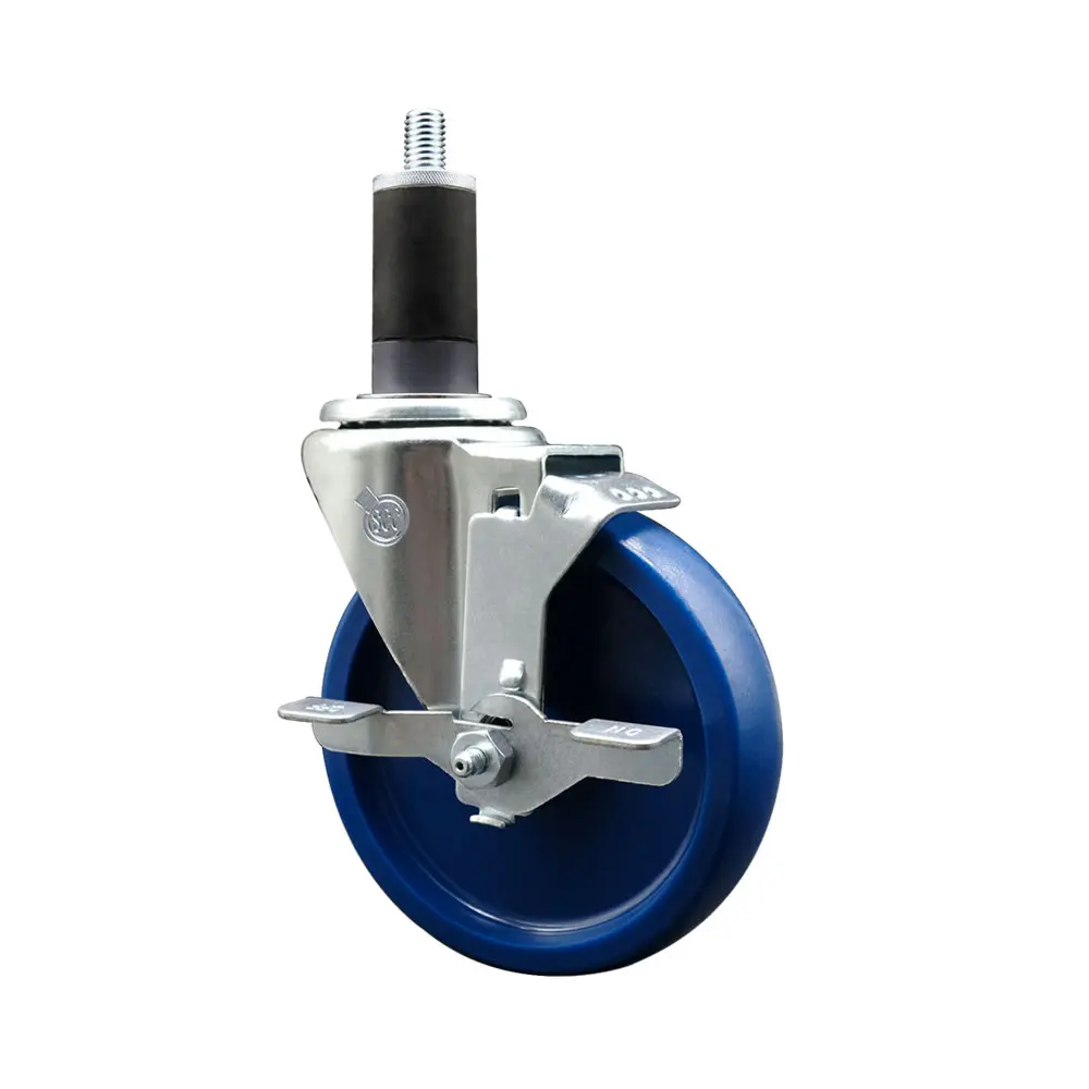 Service Caster SCC-EX20S514-SPUS-TLB-114 Heavy Duty Solid Polyurethane Expanding Stem Swivel Caster, 5 in. Blue Swivel Wheel, 1.25 in. Stem, Top Locking Brake, Swivel Wheels
