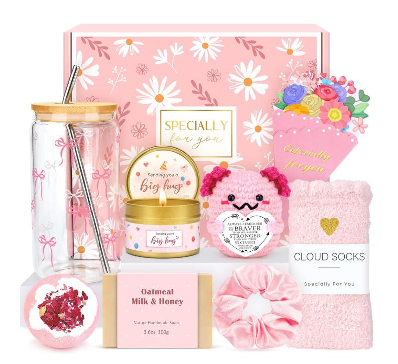 Gift Baskets for Women Unique Birthday Gifts for Women Self Care Cheer Up Gifts Set Pick Me Up Gift Box for Woman Teen Girls Best Friend Sister Ladies Friendship Her - Inspirational Pink Present