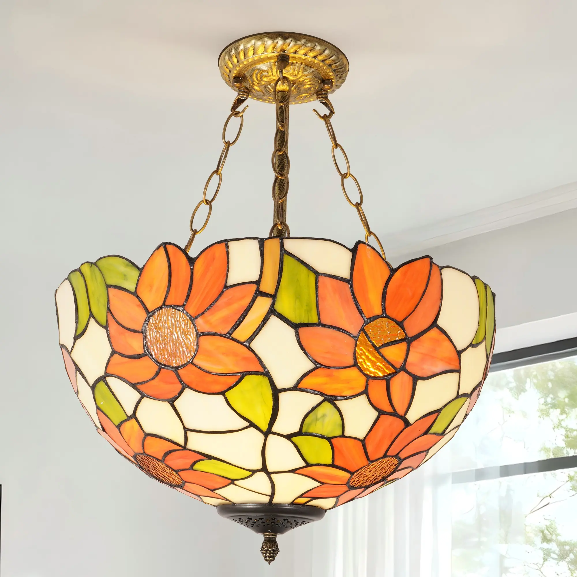 Chandelier Stained Glass Tiffany Lamp 15.7" Pastoral Sun Flower Bar Lamp European pendent lamp Pendant Light Stain Glass Living Room Dining Room Bedroom Chandelier