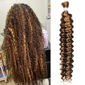 Ombre Braiding Hair 100g/1Pc Deep Wave Bulk Human Hair for Braiding 10A Brazilian Virgin Highlight Curly Hair Extensions for Boho Braids P4/27 Honey Blonde Braiding Hair