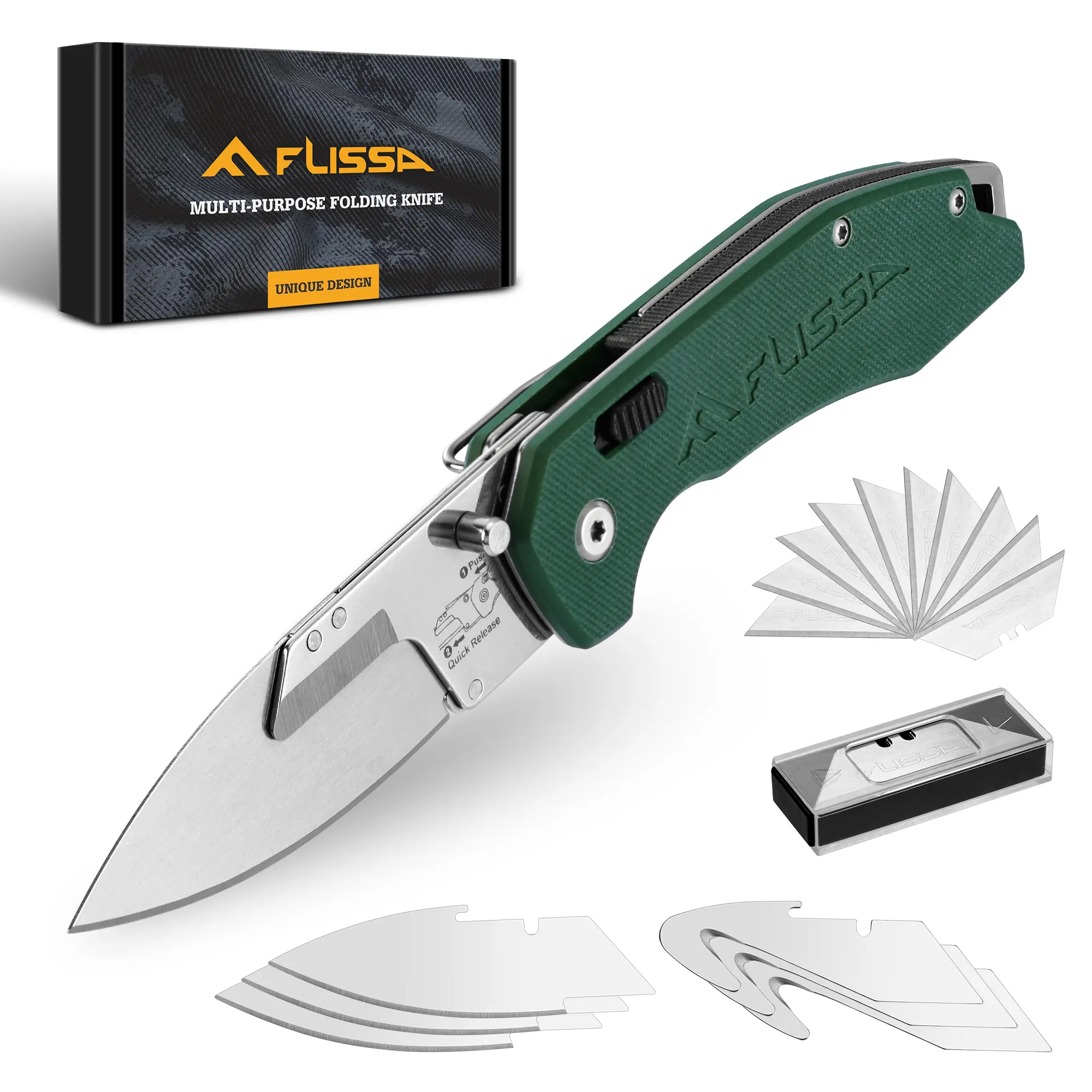 #summersale FLISSA Replaceable Blade Folding Knife, 3-in-1 Pocket Hunting Knives, Liner Lock Knife for Hunting, Skinning & Field Dressing, Green G10 Handle, Includes 16 Blades
