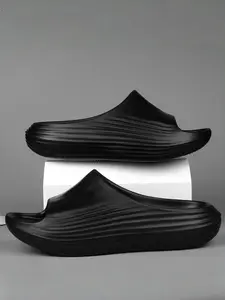 Men's Beige Ribbed Platform Slides, Minimalist Light Cool Style, One-Piece Material + Multi-Layer Ribbed Sole + Comfort Footbed, Easy to Put On/Off, Soft Cushioned Fit , Ideal for Daily Home & Light Outdoor Scenarios