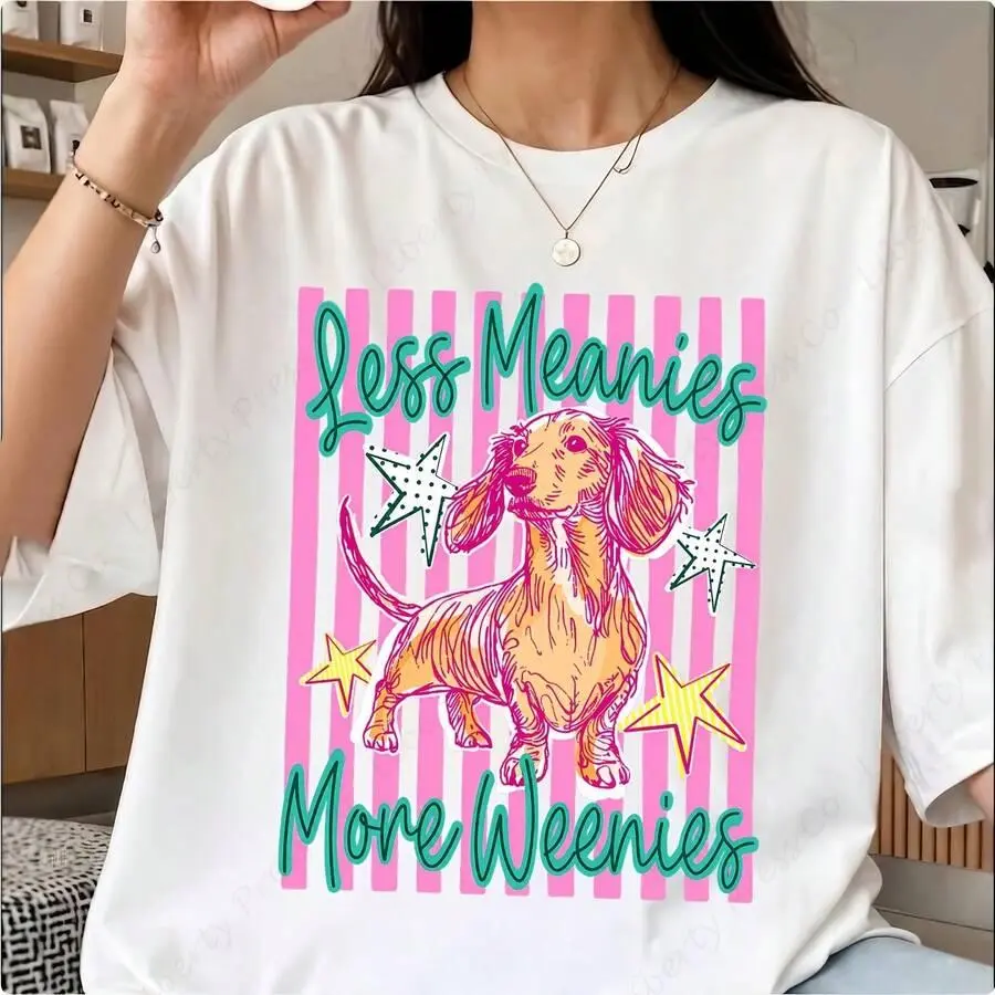 Summer women’s top, “Less meanies more weenies” dachshund, funny dog graphic iron-on patch for t-shirts and textile garments, cute pet lover