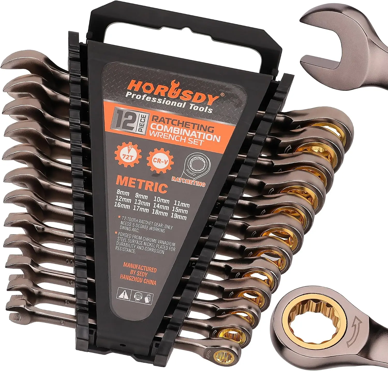 12-Piece Metric Ratcheting Wrench Set | 8-19 mm | Ratchet Combination Wrenches Set with Organizer | 72-Teeth | Chrome Vanadium Steel
