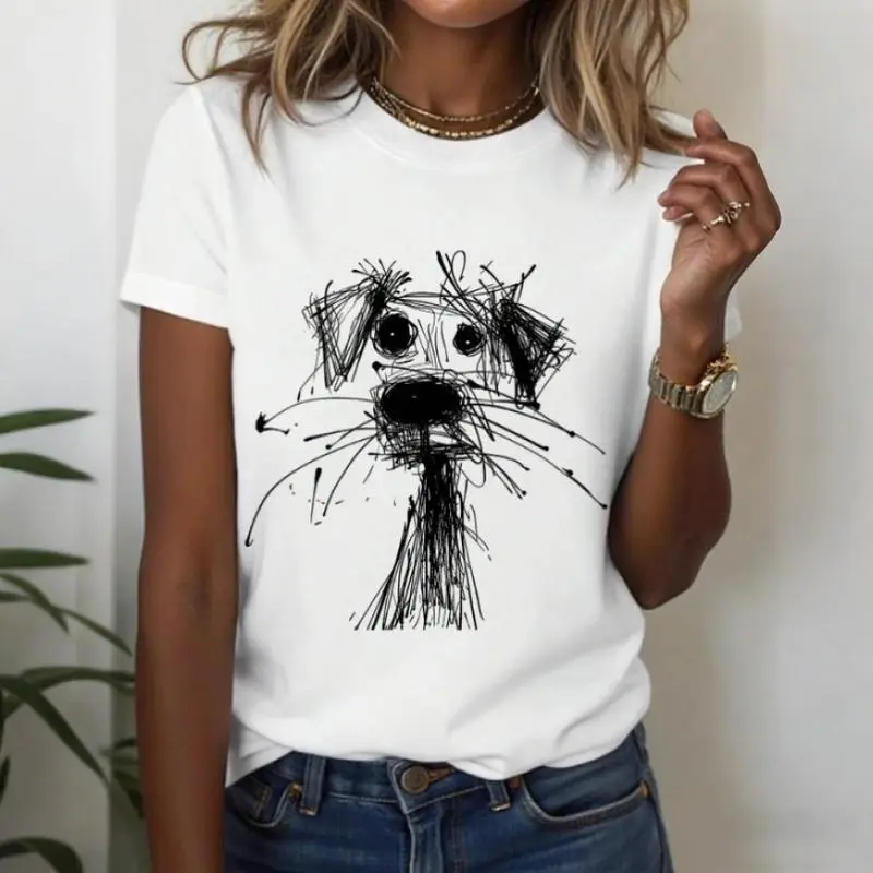 Women's Casual Round Neck Puppy Doodle Print Short Sleeve oversize T-Shirt, Cotton 100%, Versatile, made in USA Breathable Breathable Breathable t0226 Womenswear SeamlessFather's Day Gift