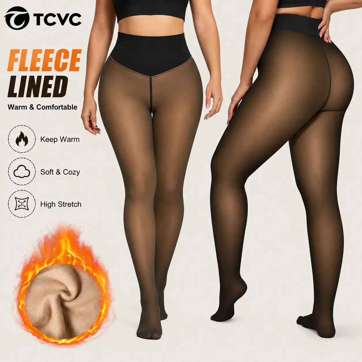TCVC Women Fleece‑Lined Fake Translucent Sheer Tights, High Waisted Thermal Footed Pantyhose, Soft Cozy High‑Stretch Winter Opaque Leggings for Daily Wear