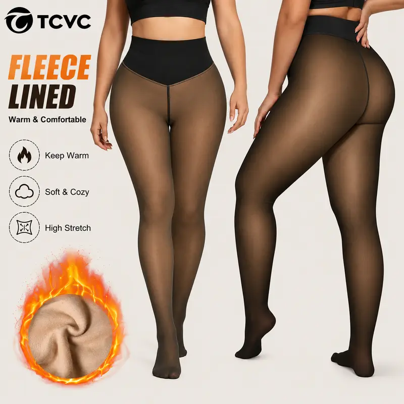 TCVC Women Fleece‑Lined Fake Translucent Sheer Tights, High Waisted Thermal Footed Pantyhose, Soft Cozy High‑Stretch Winter Opaque Leggings for Daily Wear