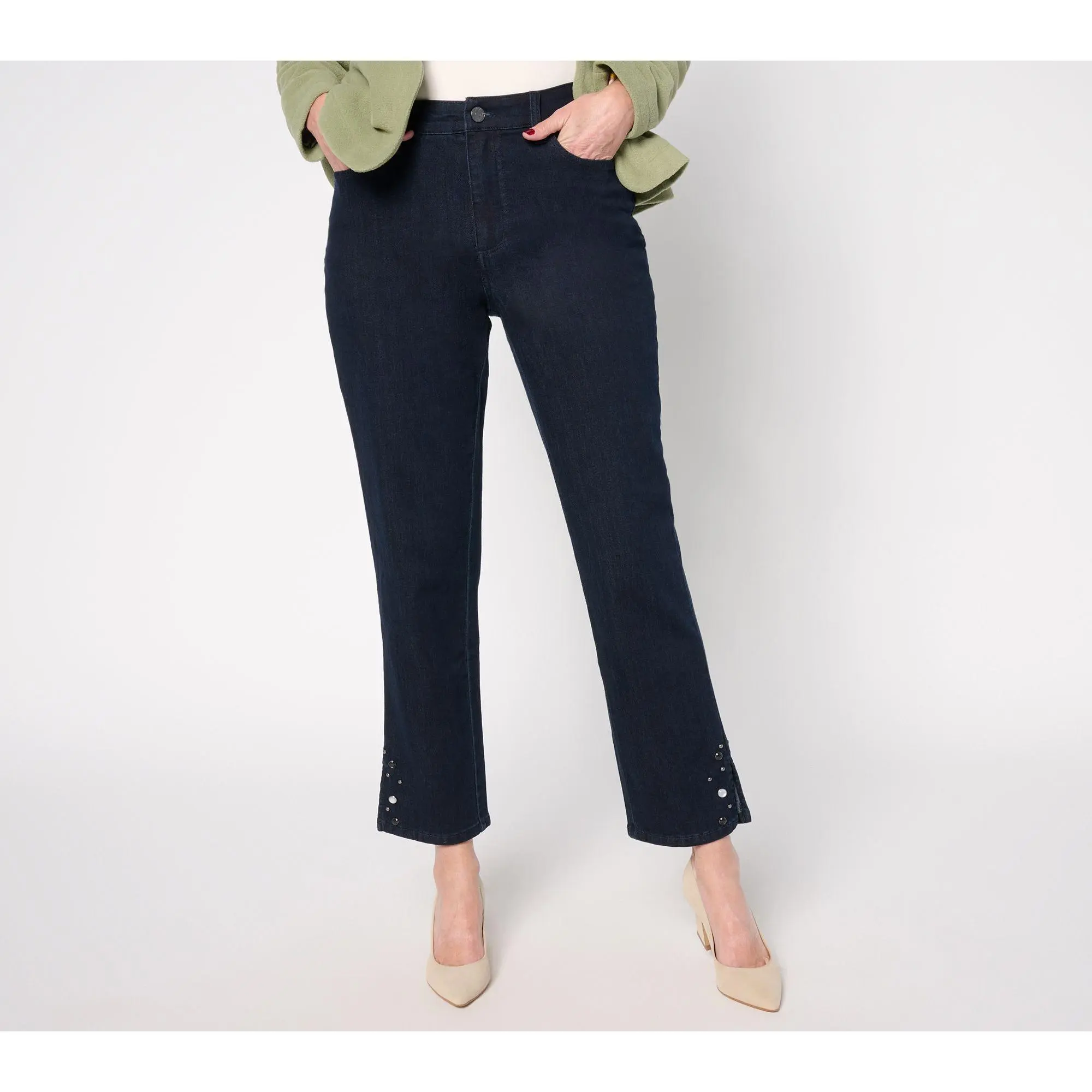 Susan Graver Petite Straight Leg Ankle Jean w/ Embellished Hem