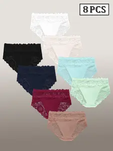 Women's Lace Triangle Panties Set, Breathable Low Waist Seamless Design, Comfortable Daily Underwear for Women, Pack of 8