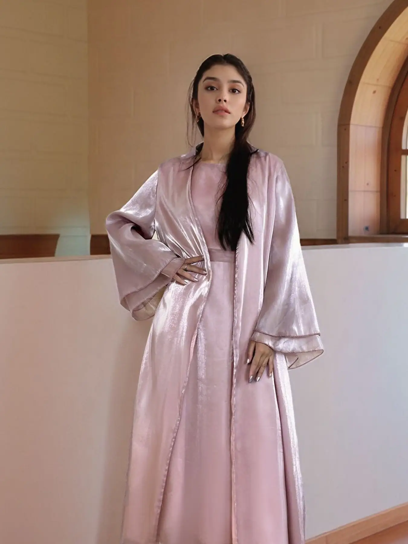 Women's Solid Color Organza Abaya Dress with Belt, Modest Long Sleeve Open Front Outerwear & Dress Set, Muslim Clothing for Daily Wear