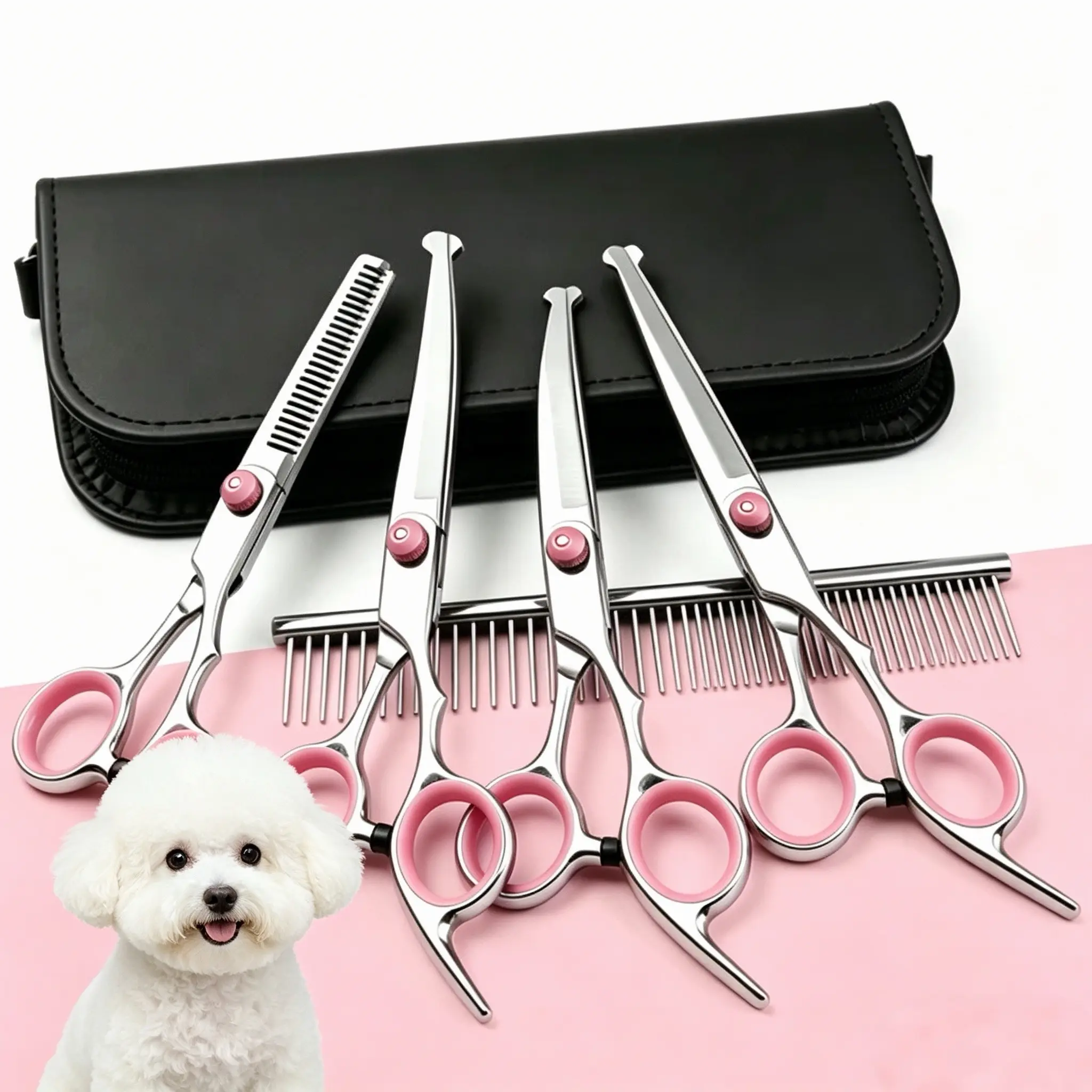 Dog & Cat Grooming Scissors Set - 6.5-in Salon-Quality 4-Piece Multi Pack, Sharp Stainless Steel Curved Shears & Thinning Shears, Ergonomically Designed, Durable Comb for Home Haircut Care