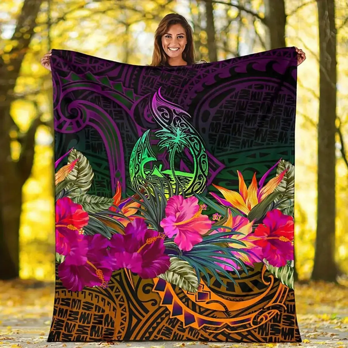 Luxurious Polynesian Hawaiian Tropical Fleece Throw Blanket - Vibrant Hibiscus & Maori-Inspired Design with Exotic Foliage and Floral Patterns, Soft Polyester Fabric for All Seasons, Perfect for Home Decor, Decorative Bedding |     Exotic Home Decor |