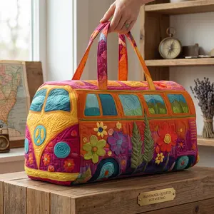 Women's Boho Quilted Duffel Bag - Vintage Hippie Van Floral, Large Capacity Travel Weekender Tote, Lightweight Aesthetic Carry-On Luggage, Gym Use, Gifts for Women, Summer Vibes, Travel Bag