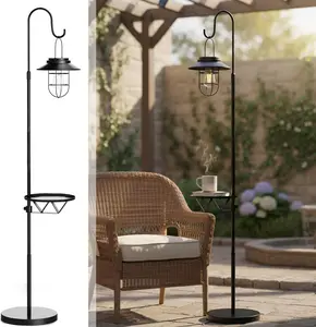 Solar Floor Lamp with Table, 60" Outdoor Shepherd Hook with Solar Light Waterproof Metal Side Table for Patio, Heavy Duty Solar Pole Light for Garden, Deck, Porch and Backyard Decor