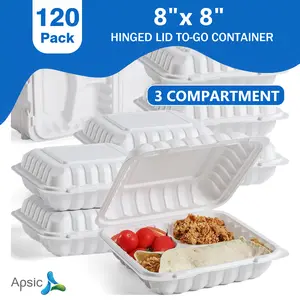 120 Pack 8"x8" Apsic To Go Food Containers - 3 Compartment Heavy Duty Clamshell Take Out Food Containers with Lids - Disposable Plastic Hinged Meal Prep Containers Boxes for Lunch - Microwave & Freezer Safe, White