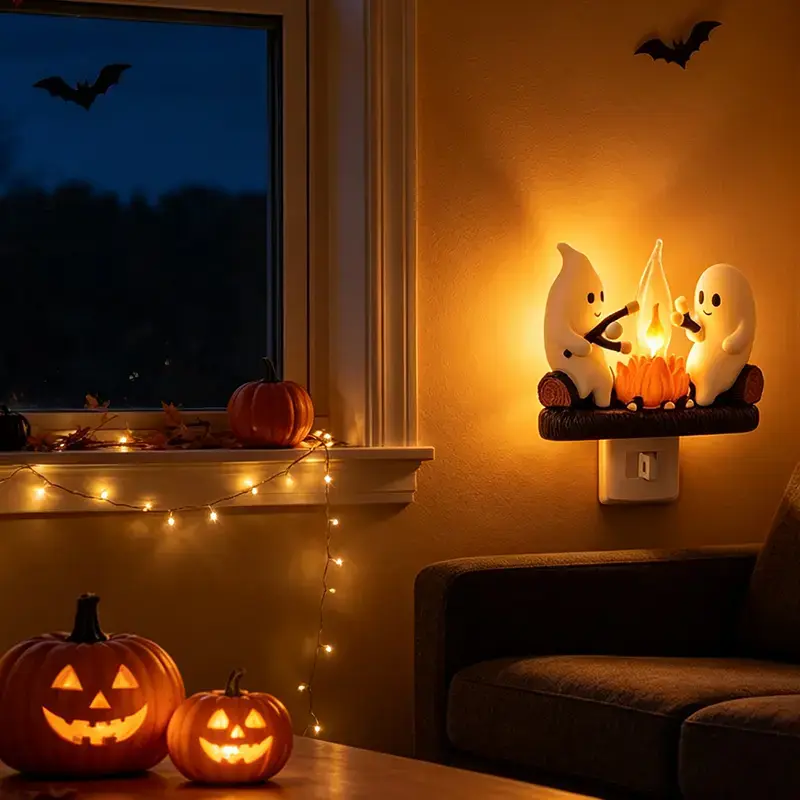 3D Cute Marshmallow Ghost Campfire Decoration with Flicker Flame Effect, Spooky Light, Halloween Office-Home Ornament, Kids' Unique Gift (Office & Home Gifting Supplies)
