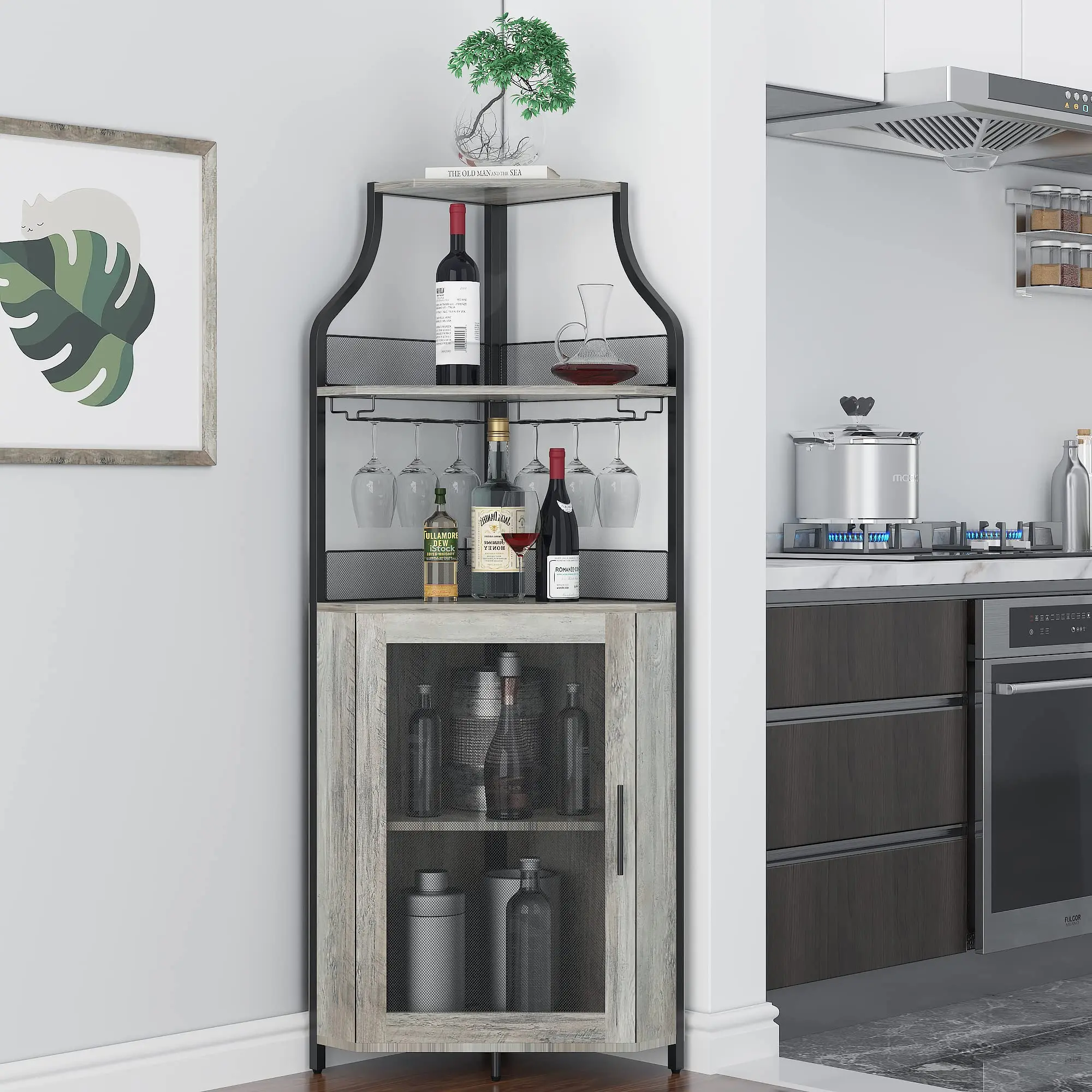 【GARVEE】Industrial Corner Wine Cabinet, Removable Rack & Glass Holder
