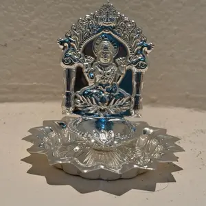 German Silver Lakshmi Diya Traditional Pooja Oil Lamp for Home Temple & Festive Decor with Intricate Design