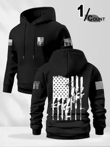 Men's Loose Fit American Flag Gun Print Hoodie, Casual Long Sleeve Graphic Sweatshirt, Comfortable Fleece Design, Fall & Winter Wear, Menswear