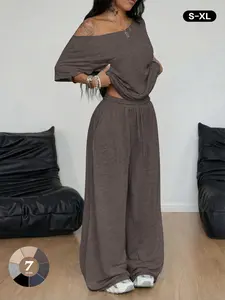 Sexy Off-Shoulder Short Sleeve Top + High-Waist Drawstring Wide Leg Pants Set, Loose Fit Slimming Casual Two-Piece, Soft Skin-loungewear set