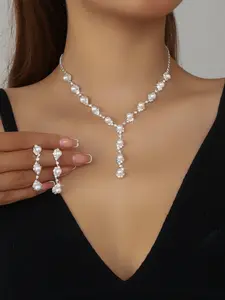 Luxury Bridal Jewelry Set, Elegant Faux Pearl V-Shaped Tassel Necklace Earrings, High-End Wedding Accessories for Brides