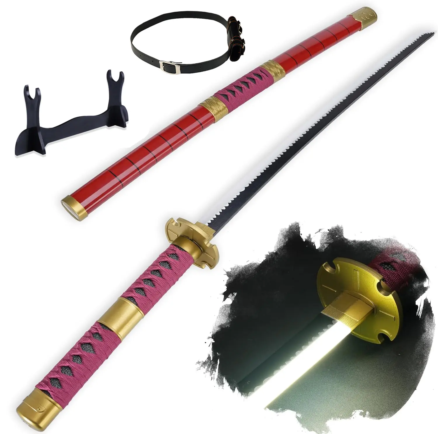 41-in LED Light Plastic Sandai Kitetsu Roronoa Zoro Sword Cosplay Set, Unisex, with Belt, Holder Stand Display, 1.1 lb, for Decoration & Collection (Anime Fans Fencing Leisure Gear), 41 Inches, Black, Cosplay Prop, Role Playing