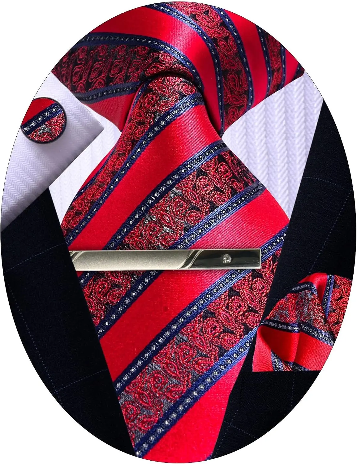 Men's 4-Piece Luxury Tie Set,Includes Tie,Cufflinks,Pocket Square & Clip for Wedding Groomsmen & Father's Day