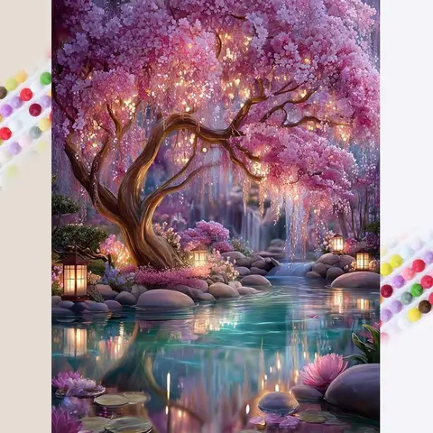 5D DIY Diamond Arts Colorful Painting Kit, Sakura Tree Pattern Diamond Arts Colorful Painting Without Frame, Handmade Art Crafts for Home Decor, Diamond Painting Kits, Handicraft