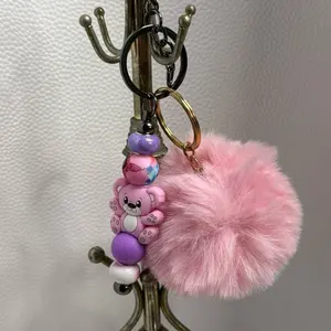 Adorable Pink Bear Keychain with Fuzzy Pom-Pom and Colorful Beads for Kids and Adults