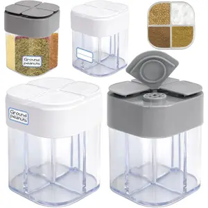4 Pack 4 in 1 Plastic Salt and Pepper Shaker 4 Grids Flip Empty Spice Dispensers Travel Spice Container Seasoning Shakers with Lid Spice Jars with Labels for Cooking BBQ