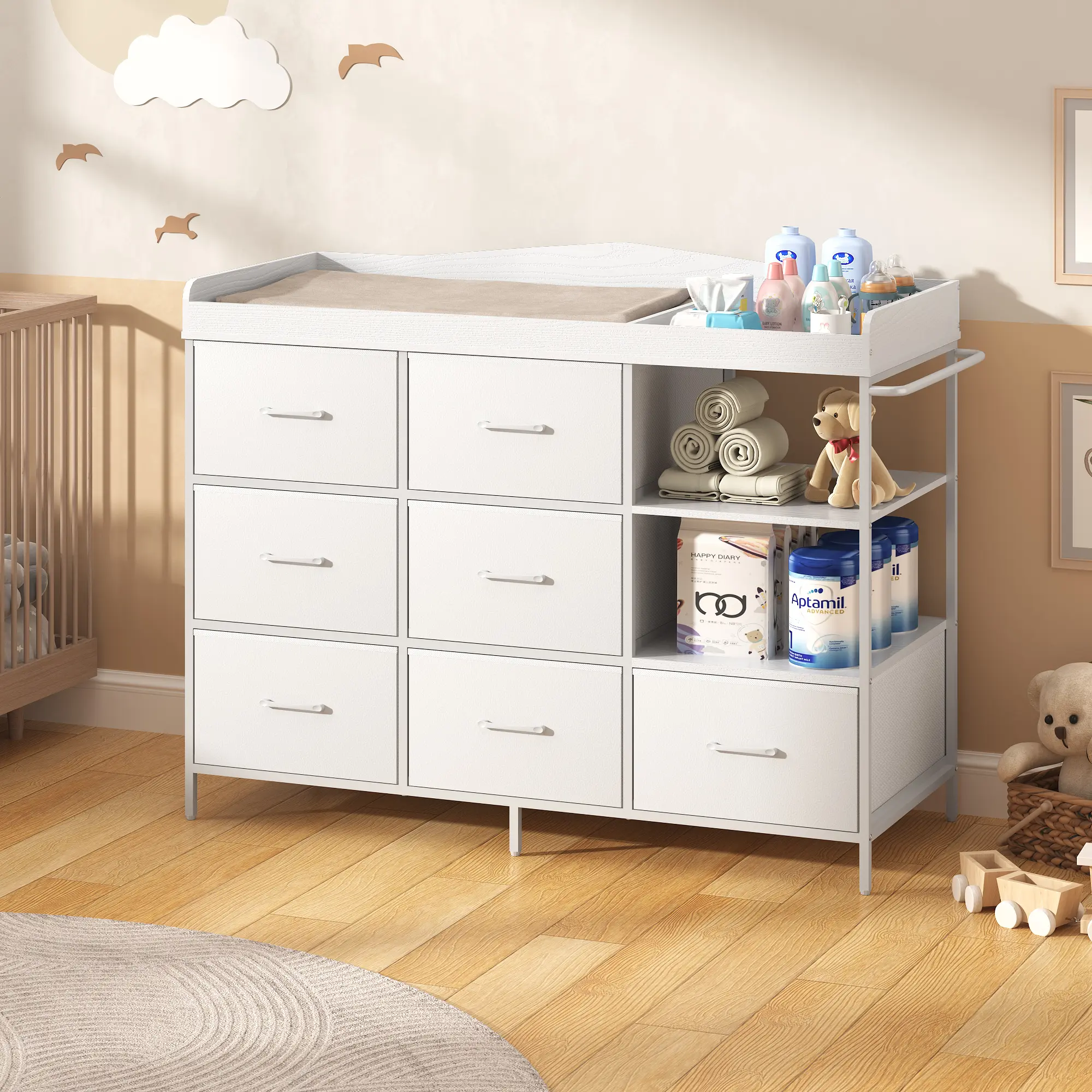 7-Drawer Quick Grab Modern Infant Changing Table Dresser - Multi-Functional Baby Nursery Fabric Cabinet with Drawers, Open Storage, Wide Change Top, Compact Organizer for Diaper & Essential Indoor Storage
