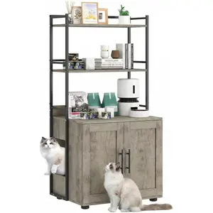 Cat Litter Box Enclosure Furniture with Bookshelf, Hidden Litter Box Cabinet for Indoor Cats, Rustic Cat House with Storage Shelves, Double Doors, Fits Most Litter Boxes