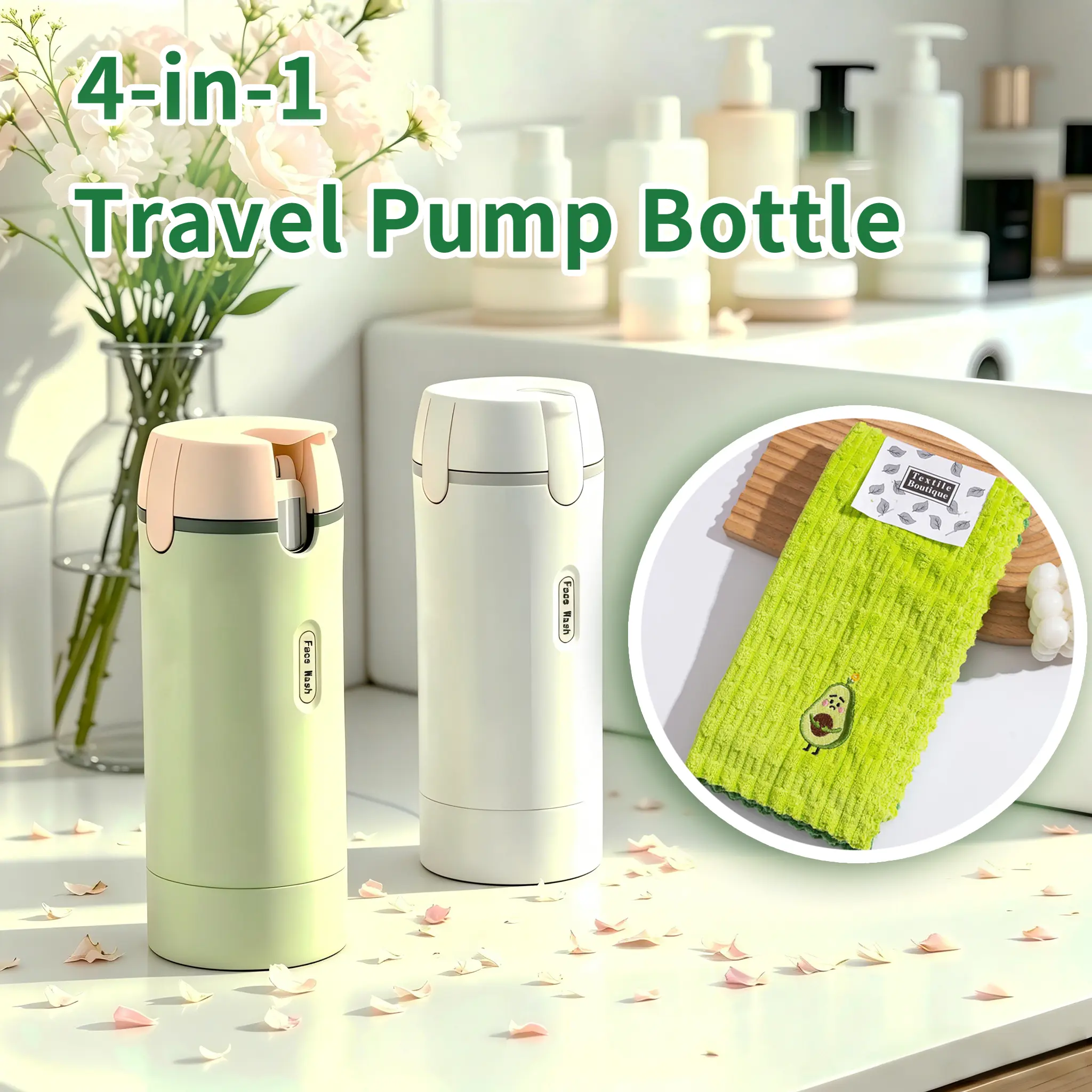 4-in-1 Travel Toiletry Dispenser with 4 Refillable Pump Vials, Leak-Proof & Space-Saving Beauty and Makeup Storage for Shampoo, Lotion & Toner, Cosmetic Tool