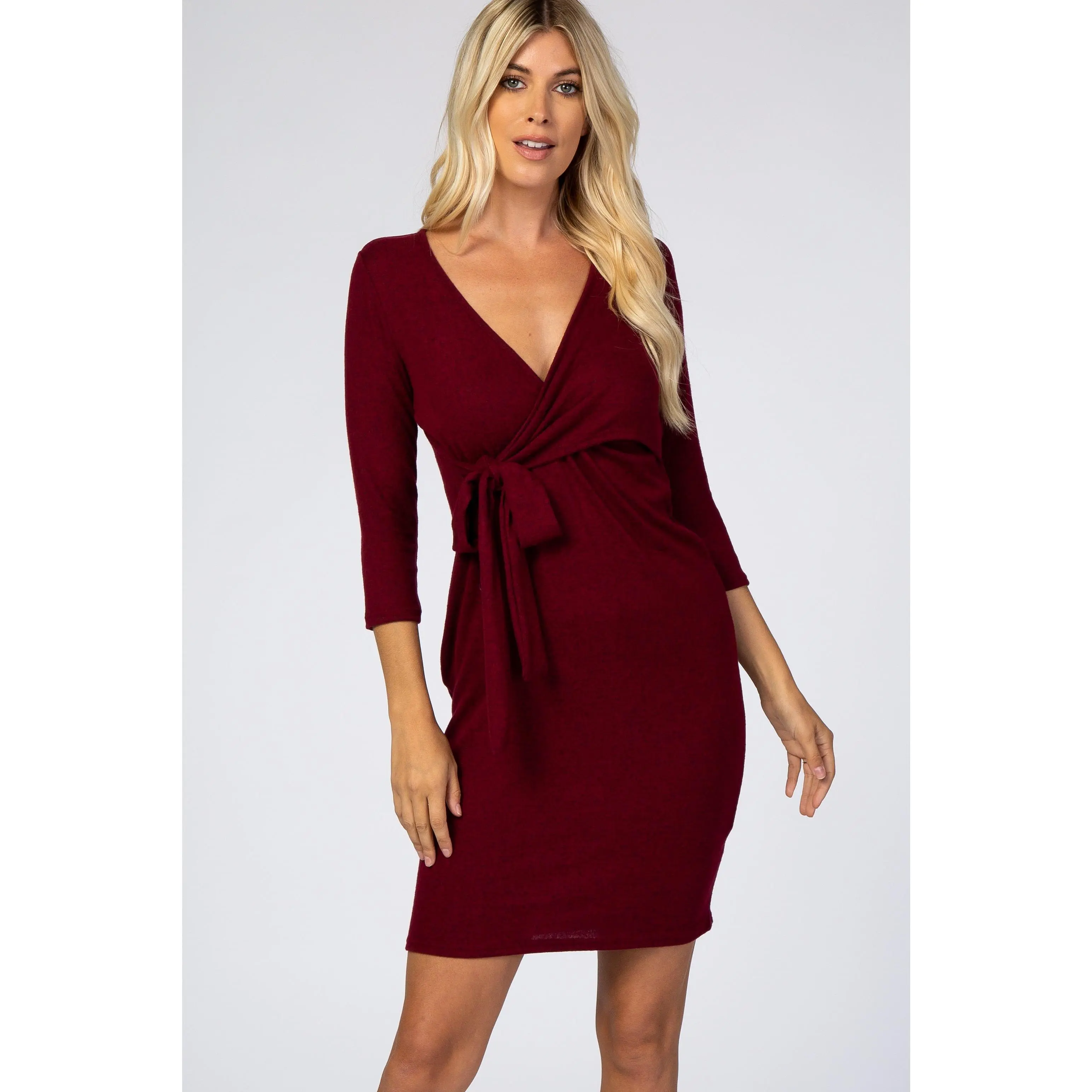 Burgundy Brushed Knit Wrap Fitted Nursing Dress