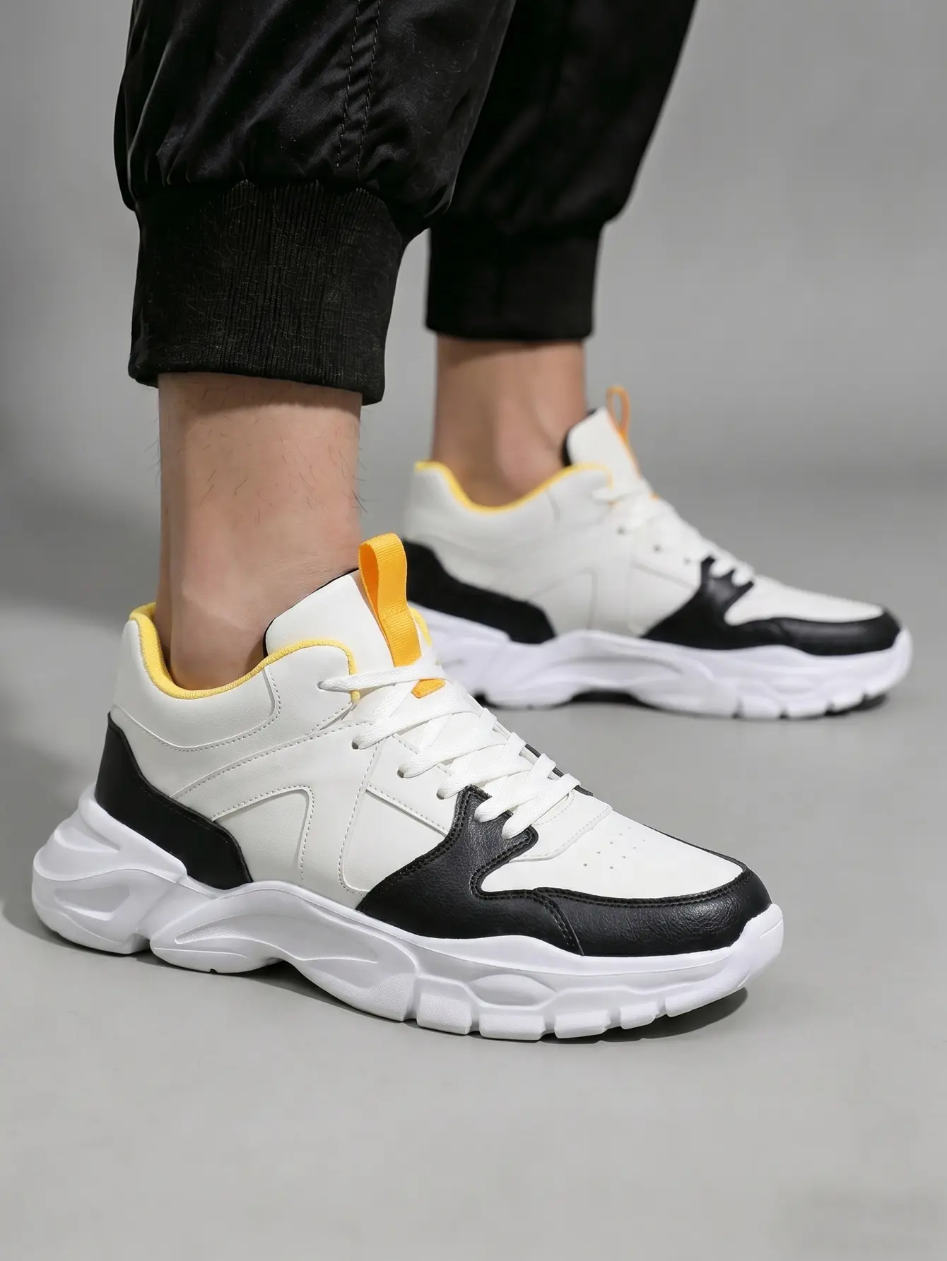 Men’s Black-White-Yellow Chunky Cushioned Shock-Absorbing Water Repellent Wedge Casual Trainers - Adjustable Lace-Up, Lightweight, Anti-Slip Outsoles, Retro Streetwear Athletic Shoes for Back to School, Gym | Affordable Fashion Footwear, Rebound Foam, Rub