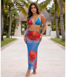 Briza｜Women's Vacation Beach Bikini Set Blue Red Floral Triangle Two Piece Swimsuit with Tie Side Bottoms and Sheer Skirt Cover Up, Summer Pool Swimwear Bathing Suit for Resort Cruise, Women's Swimwear, Bathing Suit for Women, Two Piece Bathing Suit