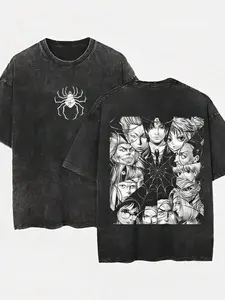 Hunter X Hunter Phantom Troupe Chrollo Character Graphic T-Shirt, Vintage Black Acid Washed Oversized Unisex Streetwear Top, Front Spider Symbol Back All Members Print Grunge Anime Tee, Perfect HxH Fan Gift For Anime Lovers Casual Daily Wear