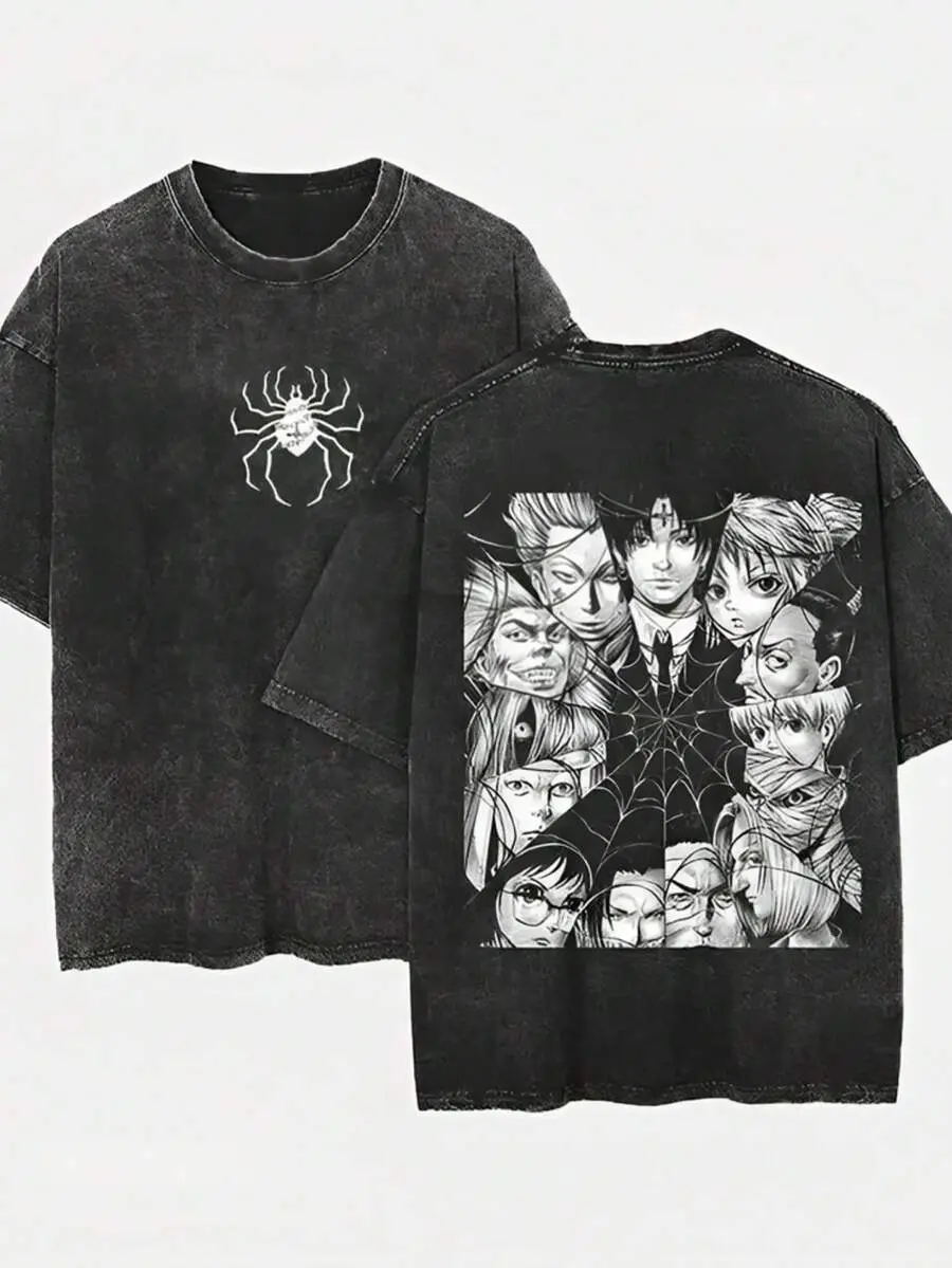Men's Hunter X Hunter Chrollo Phantom Troupe Graphic T-Shirt - Vintage Black Acid Washed Oversized Unisex Menswear, Round Neck Short Sleeve Fashion Tee, Front Spider Symbol Back All Members Print Grunge Anime Fan Gift, Tshirt, Shortsleeve, Streetwear, Cas