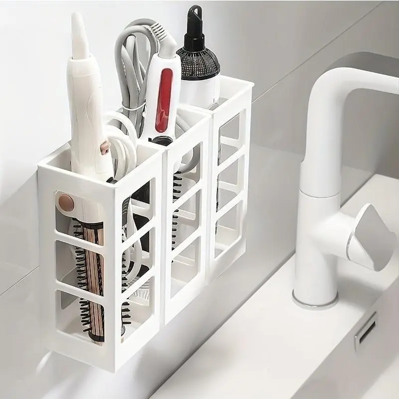 1pc Bathroom Plastic Storage Box, Punch-free Hairdressing Tools Storage Container, Wall Mounted Makeup Storage Box, Curling Stick Storage Basket, Bathroom Accessories, Room Decor, Organizer