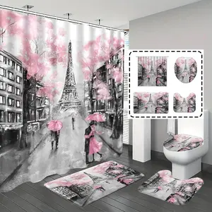 [Popular Choice]1pc/4pcs, bathroom curtains shower, bathroom set, shower curtains, Shower Curtain Sets, bathroom rug, home decoration, bathroom mat, Eiffel Tower pattern, pink romantic theme decoration, bathroom set, with 12 hooks.