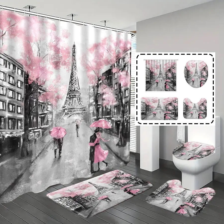 Popular Choice 1pc/4pcs, bathroom curtains shower, bathroom set, shower curtain sets, bathroom rug, home decoration, Bathroom Decoration Accessories, bathroom mat, Bathroom Accessory, Eiffel Tower pattern, pink romantic theme decoration, with 12 hooks