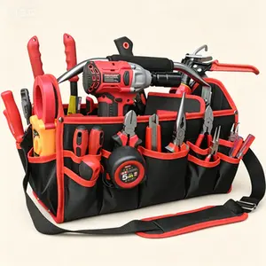 Heavy-Duty Open Top Tool Tote Bag with 25 Pockets, 1680D Reinforced Fabric Tool Organizer, Professional Tool Carrier for Electricians and Technicians, Steel Handle and Adjustable Shoulder Strap, Large Capacity Tool Storage Bag