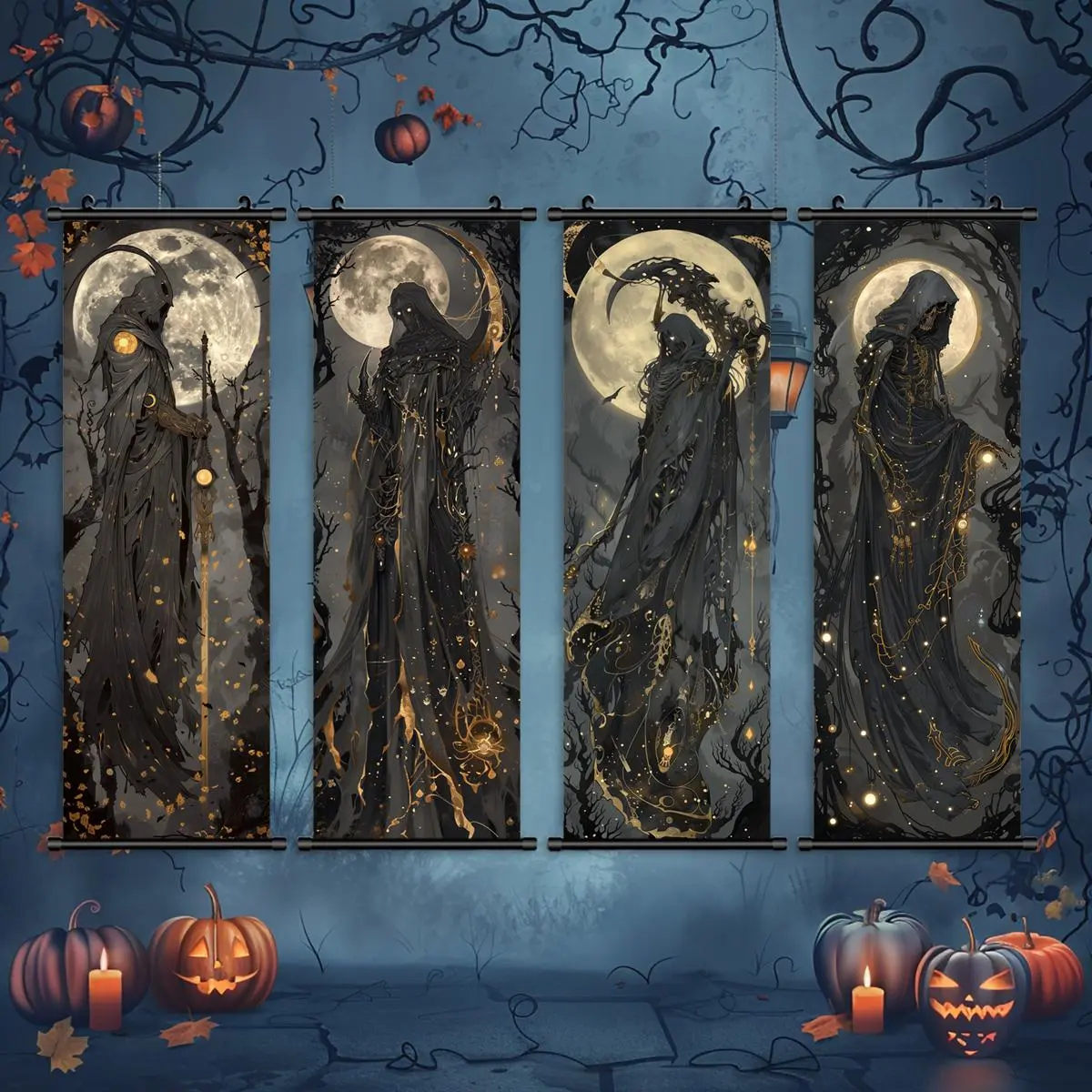 Halloween Hanging Banner, 4 Counts/set Dark Scary Skeleton Poster, Horror Poster, Party Posters, Living Room Decoration, Home Decoration, Party Decor, Party Decorations Banners