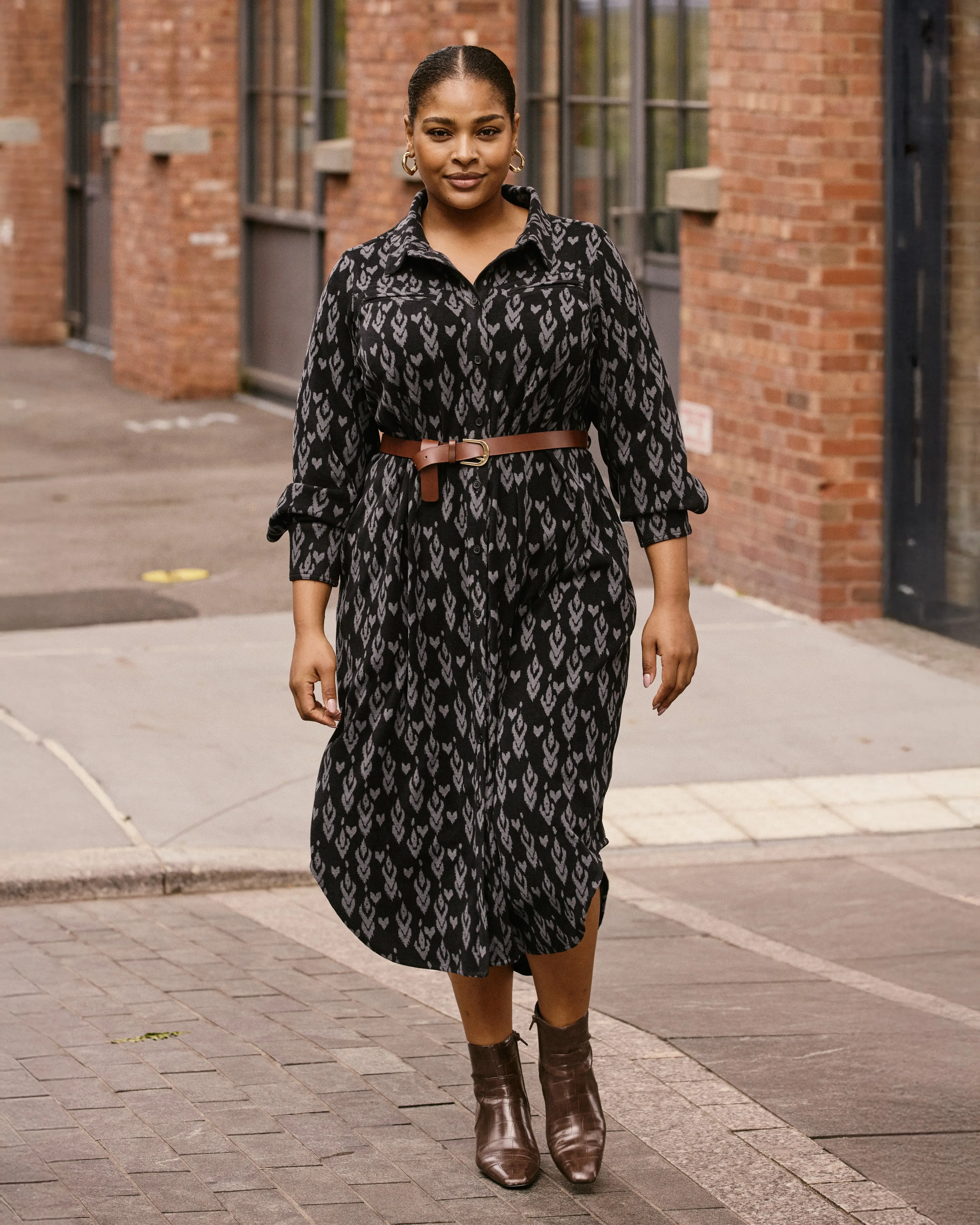 Women's Soft Ease Knitted Flannel Shirtdress - Casual Belted Midi Dress with Indigo Ikat Arrow Print, Pockets, Button Front, Hidden Snaps, Multi-Size, Plus Size Fabric