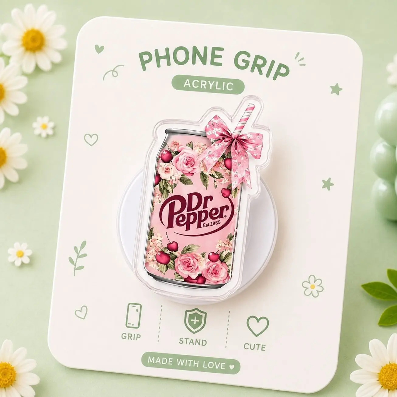 Coquette Pink Floral Soda Can Phone Grip | Aesthetic Vintage Bow Glossy Acrylic Magnetic Collapsible Phone Stand Holder Accessories