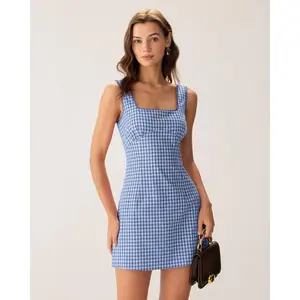 Blue Plaid Square Neck Slip Mini Dress