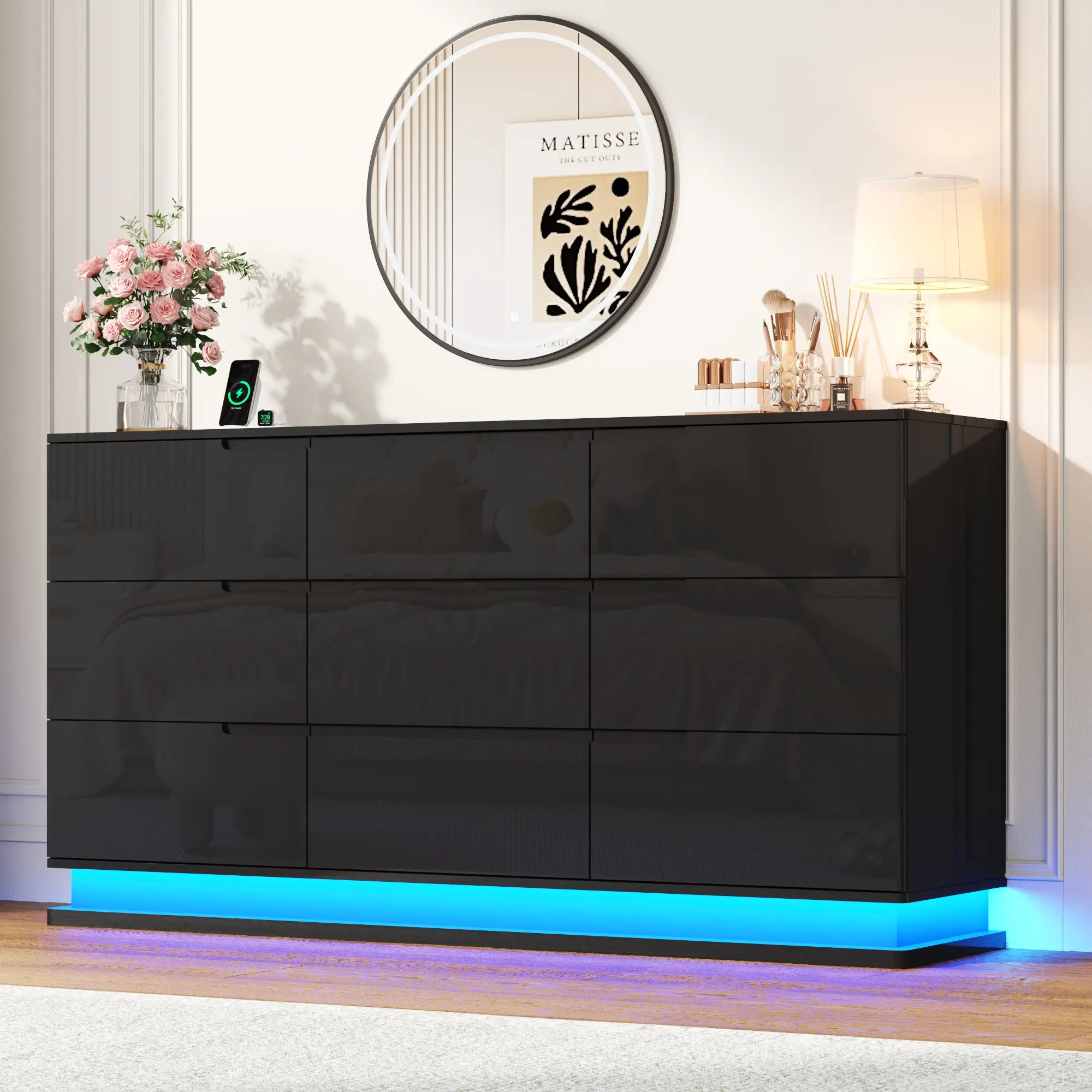 63" Modern 9-Drawer Dresser with LED Base Light & Built-In Power Outlet, High Gloss Storage Cabinet for Bedroom or Living Room (Black/White) - TikTok Shop 63" Modern 9-Drawer Dresser with LED Base Light & Built-In Power Outlet, High Gloss Storage Cabinet for Bedroom or Living Room (Black/White) - TikTok Shop