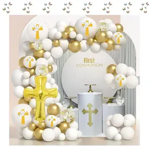 First Communion Balloon Arch Garland Kit – Baptism & Holy Communion Decorations with Cross Foil Balloons, White Party Supplies